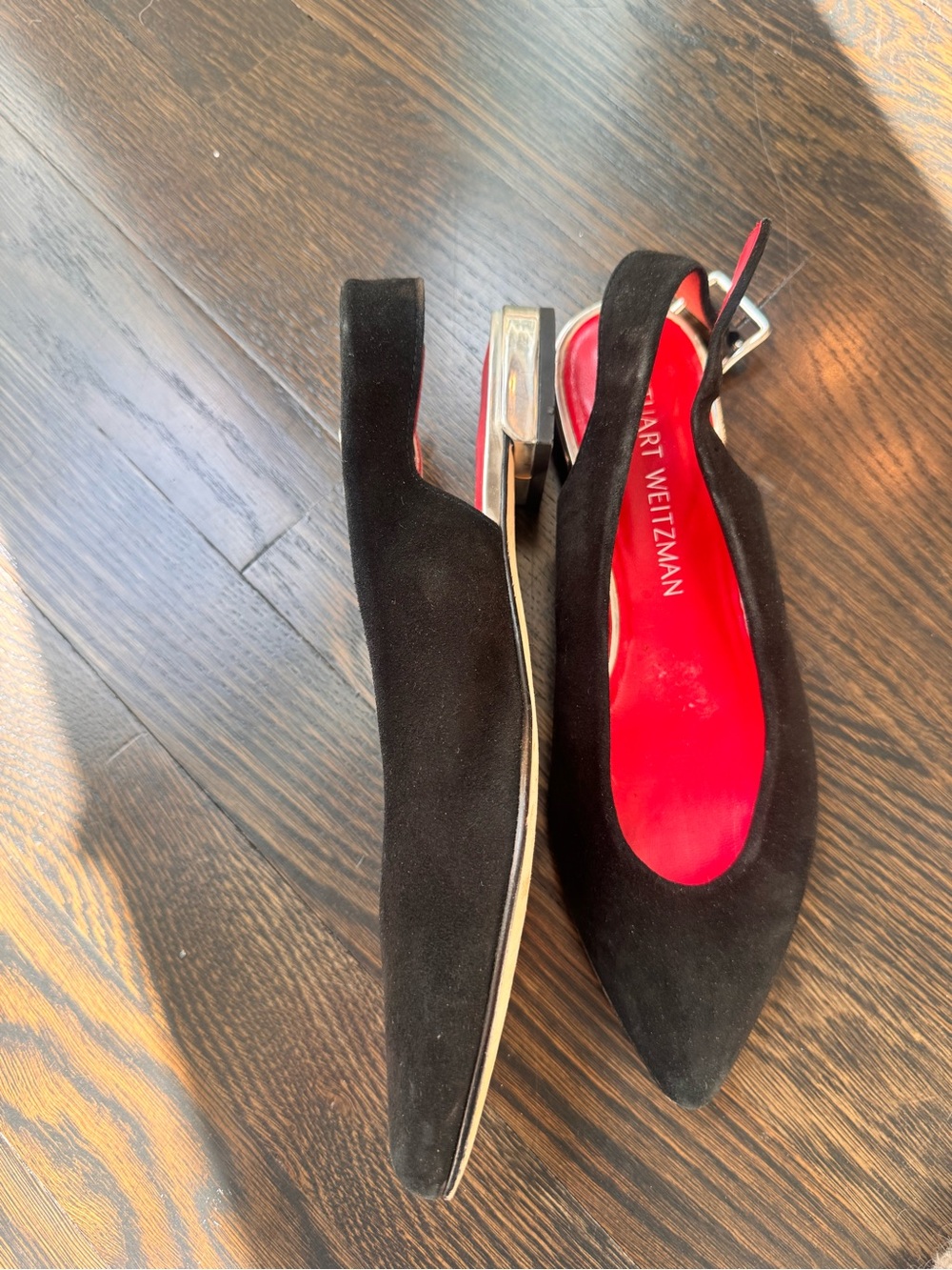 Stuart Weitzman Black Suede Pointed Slingback Flats - Picture 2 of 5